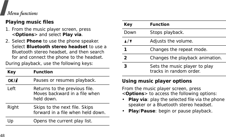 Menu functions48Playing music files1. From the music player screen, press &lt;Options&gt; and select Play via.2. Select Phone to use the phone speaker. Select Bluetooth stereo headset to use a Bluetooth stereo headset, and then search for and connect the phone to the headset.During playback, use the following keys:Using music player optionsFrom the music player screen, press &lt;Options&gt; to access the following options:•Play via: play the selected file via the phone speaker or a Bluetooth stereo headset.•Play/Pause: begin or pause playback.Key FunctionPauses or resumes playback.Left Returns to the previous file. Moves backward in a file when held down.Right Skips to the next file. Skips forward in a file when held down.Up Opens the current play list.Down Stops playback./ Adjusts the volume.1Changes the repeat mode.2Changes the playback animation.3Sets the music player to play tracks in random order.Key Function