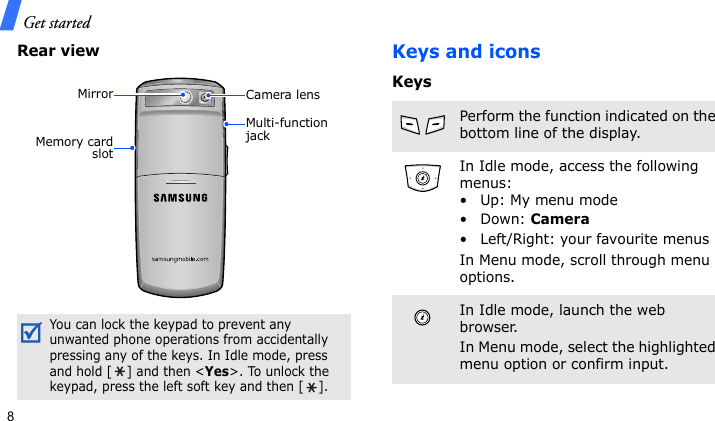 Get started8Rear viewKeys and iconsKeysYou can lock the keypad to prevent any unwanted phone operations from accidentally pressing any of the keys. In Idle mode, press and hold [ ] and then &lt;Yes&gt;. To unlock the keypad, press the left soft key and then [ ].Memory cardslotMirror Camera lensMulti-function jackPerform the function indicated on the bottom line of the display.In Idle mode, access the following menus:• Up: My menu mode•Down: Camera• Left/Right: your favourite menusIn Menu mode, scroll through menu options.In Idle mode, launch the web browser.In Menu mode, select the highlighted menu option or confirm input.