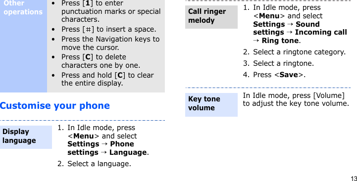 13Customise your phoneOther operations• Press [1] to enter punctuation marks or special characters.• Press [ ] to insert a space.• Press the Navigation keys to move the cursor. • Press [C] to delete characters one by one.• Press and hold [C] to clear the entire display.1. In Idle mode, press &lt;Menu&gt; and select Settings → Phone settings → Language.2. Select a language.Display language1. In Idle mode, press &lt;Menu&gt; and select Settings → Sound settings → Incoming call → Ring tone.2. Select a ringtone category.3. Select a ringtone.4. Press &lt;Save&gt;.In Idle mode, press [Volume] to adjust the key tone volume.Call ringer melodyKey tone volume