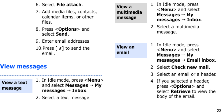 23View messages6. Select File attach.7. Add media files, contacts, calendar items, or other files.8. Press &lt;Options&gt; and select Send.9. Enter email addresses.10.Press [ ] to send the email.1. In Idle mode, press &lt;Menu&gt; and select Messages → My messages → Inbox.2. Select a text message.View a text message 1. In Idle mode, press &lt;Menu&gt; and select Messages → My messages → Inbox.2. Select a multimedia message.1. In Idle mode, press &lt;Menu&gt; and select Messages → My messages → Email inbox.2. Select Check new mail.3. Select an email or a header.4. If you selected a header, press &lt;Options&gt; and select Retrieve to view the body of the email.View a multimedia messageView an email