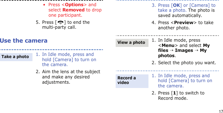 17Use the camera• Press &lt;Options&gt; and select Removed to drop one participant.5. Press [ ] to end the multi-party call.1. In Idle mode, press and hold [Camera] to turn on the camera.2. Aim the lens at the subject and make any desired adjustments.Take a photo3. Press [OK] or [Camera] to take a photo. The photo is saved automatically.4.Press &lt;Preview&gt; to take another photo.1. In Idle mode, press &lt;Menu&gt; and select My files → Images → My photos.2. Select the photo you want.1. In Idle mode, press and hold [Camera] to turn on the camera.2. Press [1] to switch to Record mode.View a photoRecord a video