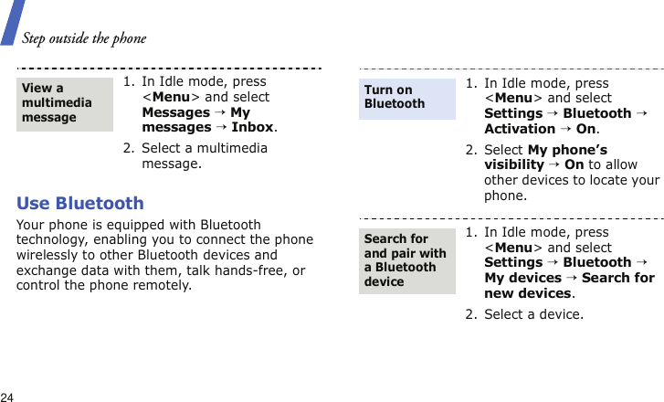 Step outside the phone24Use BluetoothYour phone is equipped with Bluetooth technology, enabling you to connect the phone wirelessly to other Bluetooth devices and exchange data with them, talk hands-free, or control the phone remotely.1. In Idle mode, press &lt;Menu&gt; and select Messages → My messages → Inbox.2. Select a multimedia message.View a multimedia message1. In Idle mode, press &lt;Menu&gt; and select Settings → Bluetooth → Activation → On.2. Select My phone’s visibility → On to allow other devices to locate your phone.1. In Idle mode, press &lt;Menu&gt; and select Settings → Bluetooth → My devices → Search for new devices.2. Select a device.Turn on BluetoothSearch for and pair with a Bluetooth device