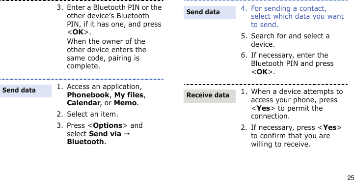 253. Enter a Bluetooth PIN or the other device’s Bluetooth PIN, if it has one, and press &lt;OK&gt;.When the owner of the other device enters the same code, pairing is complete.1. Access an application, Phonebook, My files, Calendar, or Memo.2. Select an item.3. Press &lt;Options&gt; and select Send via → Bluetooth.Send data4. For sending a contact, select which data you want to send.5. Search for and select a device.6. If necessary, enter the Bluetooth PIN and press &lt;OK&gt;.1. When a device attempts to access your phone, press &lt;Yes&gt; to permit the connection.2. If necessary, press &lt;Yes&gt; to confirm that you are willing to receive.Send dataReceive data