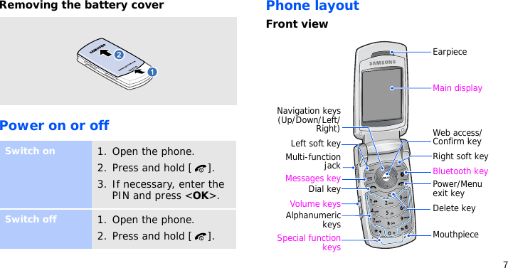 7Removing the battery coverPower on or offPhone layoutFront viewSwitch on1. Open the phone.2. Press and hold [ ].3. If necessary, enter the PIN and press &lt;OK&gt;.Switch off1. Open the phone. 2. Press and hold [ ].EarpieceMain displayMouthpieceLeft soft keyVolume keysDial keyAlphanumerickeysNavigation keys(Up/Down/Left/Right)Power/Menu exit keyRight soft keyDelete keyWeb access/Confirm keyMessages key Bluetooth keySpecial functionkeysMulti-functionjack