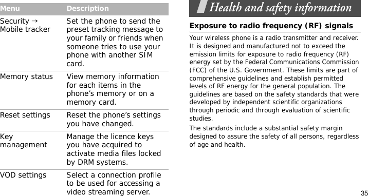 35Health and safety informationExposure to radio frequency (RF) signalsYour wireless phone is a radio transmitter and receiver. It is designed and manufactured not to exceed the emission limits for exposure to radio frequency (RF) energy set by the Federal Communications Commission (FCC) of the U.S. Government. These limits are part of comprehensive guidelines and establish permitted levels of RF energy for the general population. The guidelines are based on the safety standards that were developed by independent scientific organizations through periodic and through evaluation of scientific studies.The standards include a substantial safety margin designed to assure the safety of all persons, regardless of age and health. Security → Mobile tracker Set the phone to send the preset tracking message to your family or friends when someone tries to use your phone with another SIM card.Memory status View memory information for each items in the phone’s memory or on a memory card.Reset settings Reset the phone’s settings you have changed.Key management Manage the licence keys you have acquired to activate media files locked by DRM systems.VOD settings Select a connection profile to be used for accessing a video streaming server.Menu Description