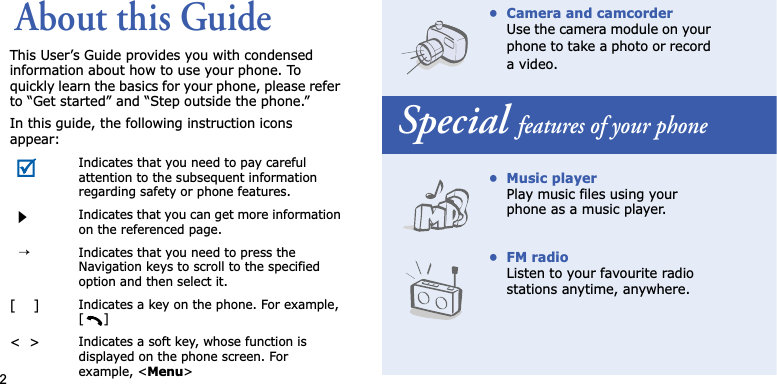 2About this GuideThis User’s Guide provides you with condensed information about how to use your phone. To quickly learn the basics for your phone, please refer to “Get started” and “Step outside the phone.”In this guide, the following instruction icons appear:Indicates that you need to pay careful attention to the subsequent information regarding safety or phone features.Indicates that you can get more information on the referenced page.→Indicates that you need to press the Navigation keys to scroll to the specified option and then select it.[    ]Indicates a key on the phone. For example, []&lt;&gt;Indicates a soft key, whose function is displayed on the phone screen. For example, &lt;Menu&gt;• Camera and camcorderUse the camera module on your phone to take a photo or record a video. Special features of your phone• Music playerPlay music files using your phone as a music player.• FM radioListen to your favourite radio stations anytime, anywhere.