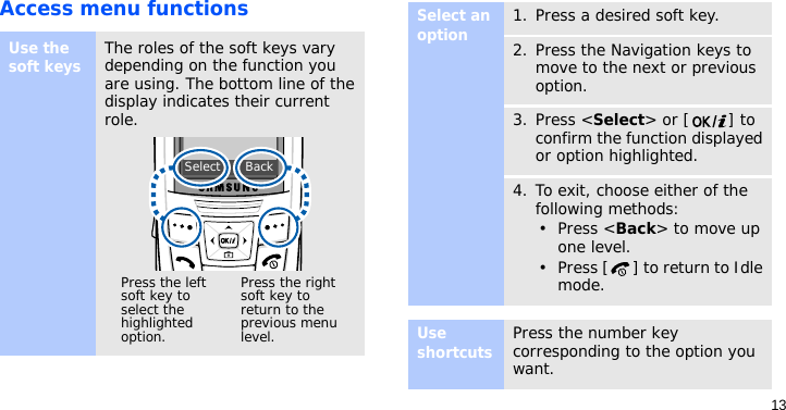 13Access menu functionsUse the soft keysThe roles of the soft keys vary depending on the function you are using. The bottom line of the display indicates their current role.Press the left soft key to select the highlighted option.Press the right soft key to return to the previous menu level.Select BackSelect an option1. Press a desired soft key.2. Press the Navigation keys to move to the next or previous option.3. Press &lt;Select&gt; or [ ] to confirm the function displayed or option highlighted.4. To exit, choose either of the following methods:•Press &lt;Back&gt; to move up one level.• Press [ ] to return to Idle mode.Use shortcutsPress the number key corresponding to the option you want.