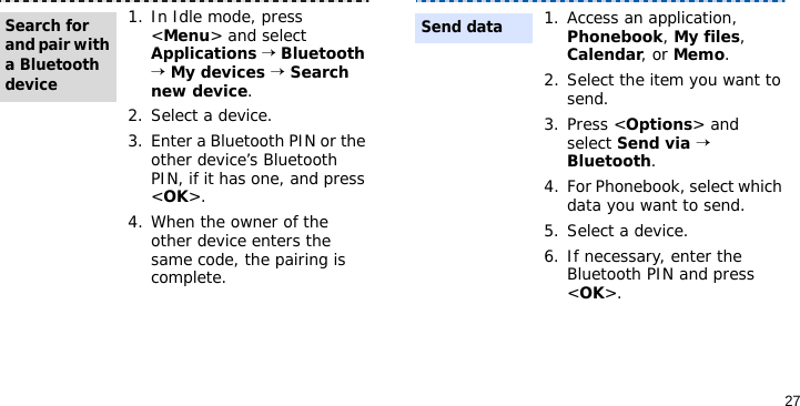 271. In Idle mode, press &lt;Menu&gt; and select Applications → Bluetooth → My devices → Search new device.2. Select a device.3. Enter a Bluetooth PIN or the other device’s Bluetooth PIN, if it has one, and press &lt;OK&gt;. 4. When the owner of the other device enters the same code, the pairing is complete.Search for and pair with a Bluetooth device1. Access an application, Phonebook, My files, Calendar, or Memo.2. Select the item you want to send.3. Press &lt;Options&gt; and select Send via → Bluetooth. 4. For Phonebook, select which data you want to send.5. Select a device.6. If necessary, enter the Bluetooth PIN and press &lt;OK&gt;.Send data