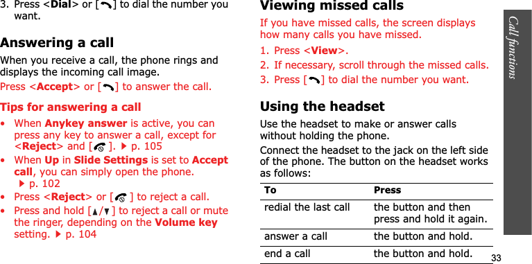 Call functions    333. Press &lt;Dial&gt; or [ ] to dial the number you want.Answering a callWhen you receive a call, the phone rings and displays the incoming call image. Press &lt;Accept&gt; or [ ] to answer the call.Tips for answering a call• When Anykey answer is active, you can press any key to answer a call, except for &lt;Reject&gt; and [ ].p. 105• When Up in Slide Settings is set to Accept call, you can simply open the phone.p. 102• Press &lt;Reject&gt; or [ ] to reject a call.• Press and hold [ / ] to reject a call or mute the ringer, depending on the Volume keysetting.p. 104Viewing missed callsIf you have missed calls, the screen displays how many calls you have missed.1. Press &lt;View&gt;.2. If necessary, scroll through the missed calls.3. Press [ ] to dial the number you want.Using the headsetUse the headset to make or answer calls without holding the phone. Connect the headset to the jack on the left side of the phone. The button on the headset works as follows:To Pressredial the last call the button and then press and hold it again.answer a call the button and hold.end a call the button and hold.