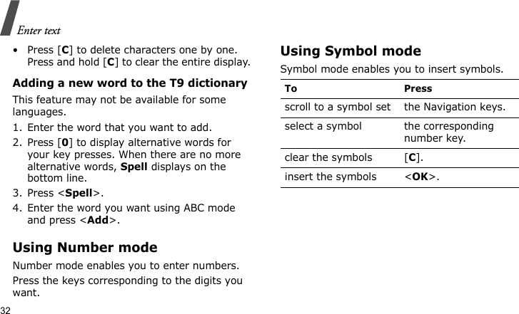 Enter text32• Press [C] to delete characters one by one. Press and hold [C] to clear the entire display.Adding a new word to the T9 dictionaryThis feature may not be available for some languages.1. Enter the word that you want to add.2. Press [0] to display alternative words for your key presses. When there are no more alternative words, Spell displays on the bottom line. 3. Press &lt;Spell&gt;.4. Enter the word you want using ABC mode and press &lt;Add&gt;.Using Number modeNumber mode enables you to enter numbers. Press the keys corresponding to the digits you want.Using Symbol modeSymbol mode enables you to insert symbols.To Pressscroll to a symbol set the Navigation keys.select a symbol the corresponding number key.clear the symbols [C]. insert the symbols &lt;OK&gt;.
