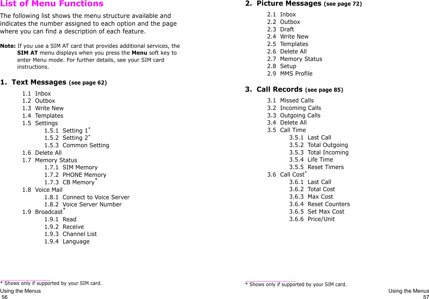 Using the Menus                                                                                       56List of Menu FunctionsThe following list shows the menu structure available and indicates the number assigned to each option and the page where you can find a description of each feature.Note: If you use a SIM AT card that provides additional services, the SIM AT menu displays when you press the Menu soft key to enter Menu mode. For further details, see your SIM card instructions.1.  Text Messages (see page 62)1.1  Inbox1.2  Outbox1.3  Write New1.4  Templates1.5  Settings1.5.1  Setting 1*1.5.2  Setting 2*1.5.3  Common Setting1.6  Delete All1.7  Memory Status1.7.1  SIM Memory1.7.2  PHONE Memory1.7.3  CB Memory*1.8  Voice Mail1.8.1  Connect to Voice Server1.8.2  Voice Server Number1.9  Broadcast*1.9.1  Read1.9.2  Receive1.9.3  Channel List1.9.4  Language* Shows only if supported by your SIM card.Using the Menus572.  Picture Messages (see page 72)2.1  Inbox2.2  Outbox2.3  Draft2.4  Write New2.5  Templates2.6  Delete All2.7  Memory Status2.8  Setup2.9  MMS Profile3.  Call Records (see page 85)3.1  Missed Calls3.2  Incoming Calls3.3  Outgoing Calls3.4  Delete All3.5  Call Time3.5.1  Last Call3.5.2  Total Outgoing3.5.3  Total Incoming3.5.4  Life Time3.5.5  Reset Timers3.6  Call Cost*3.6.1  Last Call3.6.2  Total Cost3.6.3  Max Cost3.6.4  Reset Counters3.6.5  Set Max Cost3.6.6  Price/Unit* Shows only if supported by your SIM card.