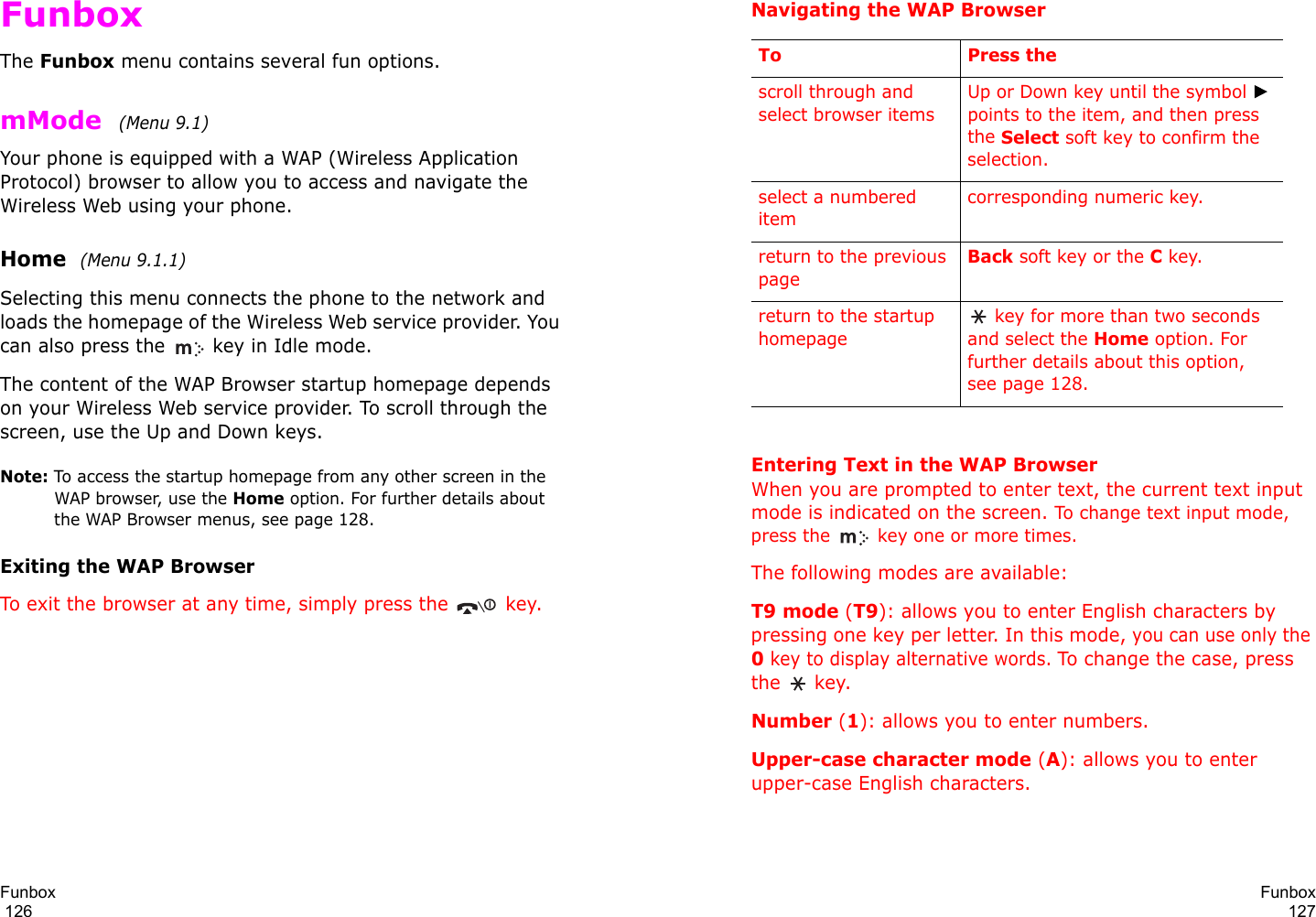 Funbox                                                                                       126FunboxThe Funbox menu contains several fun options.mMode  (Menu 9.1) Your phone is equipped with a WAP (Wireless Application Protocol) browser to allow you to access and navigate the Wireless Web using your phone.Home  (Menu 9.1.1)Selecting this menu connects the phone to the network and loads the homepage of the Wireless Web service provider. You can also press the   key in Idle mode.The content of the WAP Browser startup homepage depends on your Wireless Web service provider. To scroll through the screen, use the Up and Down keys.Note: To access the startup homepage from any other screen in the WAP browser, use the Home option. For further details about the WAP Browser menus, see page 128.Exiting the WAP BrowserTo exit the browser at any time, simply press the   key.Funbox127Navigating the WAP BrowserEntering Text in the WAP BrowserWhen you are prompted to enter text, the current text input mode is indicated on the screen. To change text input mode, press the   key one or more times.The following modes are available:T9 mode (T9): allows you to enter English characters by pressing one key per letter. In this mode, you can use only the 0 key to display alternative words. To change the case, press the  key.Number (1): allows you to enter numbers. Upper-case character mode (A): allows you to enter upper-case English characters.To Press thescroll through and select browser itemsUp or Down key until the symbol   points to the item, and then press the Select soft key to confirm the selection.select a numbered itemcorresponding numeric key.return to the previous pageBack soft key or the C key.return to the startup homepage key for more than two seconds and select the Home option. For further details about this option, see page 128.