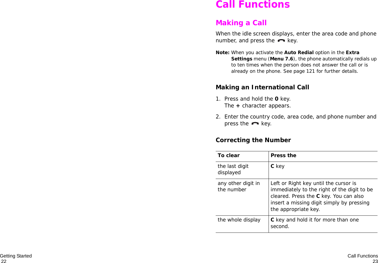 Getting Started                                                                                       22 Call Functions23Call FunctionsMaking a CallWhen the idle screen displays, enter the area code and phone number, and press the   key.Note: When you activate the Auto Redial option in the Extra Settings menu (Menu 7.6), the phone automatically redials up to ten times when the person does not answer the call or is already on the phone. See page 121 for further details.Making an International Call1. Press and hold the 0 key. The + character appears.2. Enter the country code, area code, and phone number and press the   key.Correcting the NumberTo clear Press thethe last digit displayedC keyany other digit in the number Left or Right key until the cursor is immediately to the right of the digit to be cleared. Press the C key. You can also insert a missing digit simply by pressing the appropriate key.the whole displayC key and hold it for more than one second.