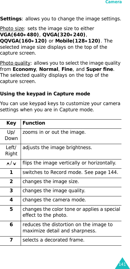 Camera141Settings: allows you to change the image settings.Photo size: sets the image size to either VGA(640*480), QVGA(320*240), QQVGA(160*120) or Mobile(128*120). The selected image size displays on the top of the capture screen.Photo quality: allows you to select the image quality from Economy, Normal, Fine, and Super fine. The selected quality displays on the top of the capture screen.Using the keypad in Capture modeYou can use keypad keys to customize your camera settings when you are in Capture mode.Key FunctionUp/Down  zooms in or out the image.Left/Right  adjusts the image brightness./ flips the image vertically or horizontally.1switches to Record mode. See page 144.2changes the image size.3changes the image quality.4changes the camera mode.5changes the color tone or applies a special effect to the photo. 6reduces the distortion on the image to maximize detail and sharpness.7selects a decorated frame.