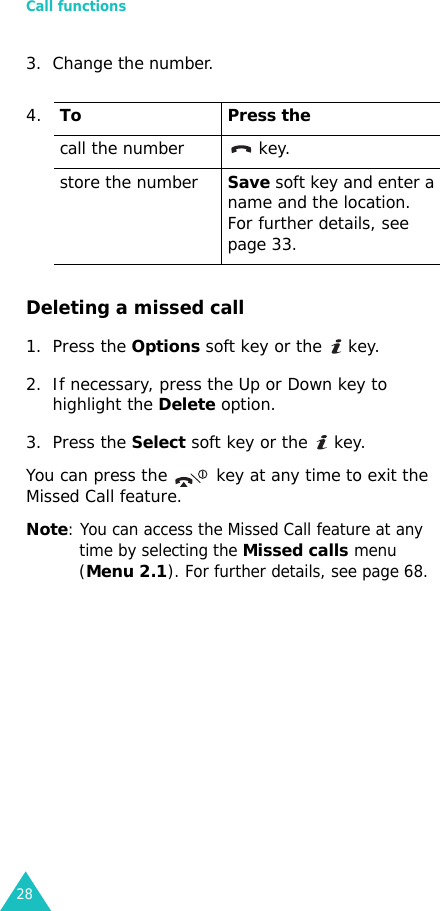 Call functions283. Change the number. Deleting a missed call1. Press the Options soft key or the   key.2. If necessary, press the Up or Down key to highlight the Delete option.3. Press the Select soft key or the   key.You can press the   key at any time to exit the Missed Call feature.Note: You can access the Missed Call feature at any time by selecting the Missed calls menu (Menu 2.1). For further details, see page 68.4.To Press thecall the number  key.store the numberSave soft key and enter a name and the location. For further details, see page 33.