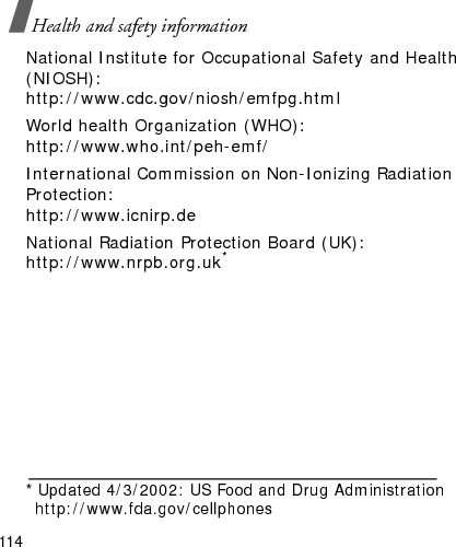 Health and safety information    Settings 115