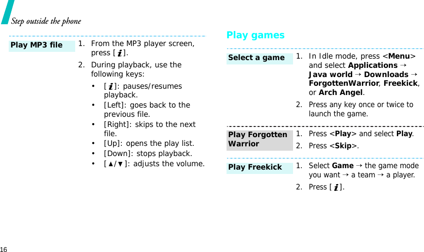 16Step outside the phone Play games1. From the MP3 player screen, press [ ].2. During playback, use the following keys:• [ ]: pauses/resumes playback.• [Left]: goes back to the previous file.• [Right]: skips to the next file.• [Up]: opens the play list.• [Down]: stops playback.• [ / ]: adjusts the volume.Play MP3 file1. In Idle mode, press &lt;Menu&gt; and select Applications → Java world → Downloads → ForgottenWarrior, Freekick, or Arch Angel.2. Press any key once or twice to launch the game.1. Press &lt;Play&gt; and select Play.2. Press &lt;Skip&gt;.1. Select Game → the game mode you want → a team → a player.2. Press [].Select a gamePlay Forgotten WarriorPlay Freekick