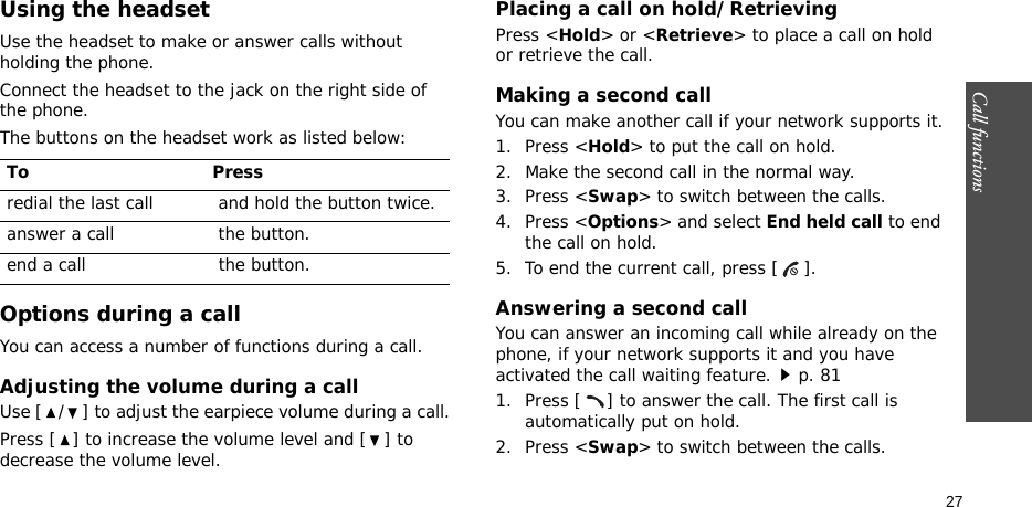 Call functions    27Using the headsetUse the headset to make or answer calls without holding the phone. Connect the headset to the jack on the right side of the phone. The buttons on the headset work as listed below:Options during a callYou can access a number of functions during a call.Adjusting the volume during a callUse [ / ] to adjust the earpiece volume during a call.Press [ ] to increase the volume level and [ ] to decrease the volume level.Placing a call on hold/RetrievingPress &lt;Hold&gt; or &lt;Retrieve&gt; to place a call on hold or retrieve the call.Making a second callYou can make another call if your network supports it.1. Press &lt;Hold&gt; to put the call on hold.2. Make the second call in the normal way.3. Press &lt;Swap&gt; to switch between the calls.4. Press &lt;Options&gt; and select End held call to end the call on hold.5. To end the current call, press [ ].Answering a second callYou can answer an incoming call while already on the phone, if your network supports it and you have activated the call waiting feature.p. 81 1. Press [ ] to answer the call. The first call is automatically put on hold.2. Press &lt;Swap&gt; to switch between the calls.To Pressredial the last call  and hold the button twice.answer a call  the button.end a call  the button.