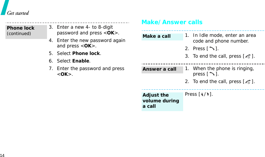 14Get startedMake/Answer calls3. Enter a new 4- to 8-digit password and press &lt;OK&gt;.4. Enter the new password again and press &lt;OK&gt;.5. Select Phone lock.6. Select Enable.7. Enter the password and press &lt;OK&gt;.Phone lock(continued)1. In Idle mode, enter an area code and phone number.2. Press [ ].3. To end the call, press [ ].1. When the phone is ringing, press [ ].2. To end the call, press [ ].Press [ / ].Make a callAnswer a callAdjust the volume during a call
