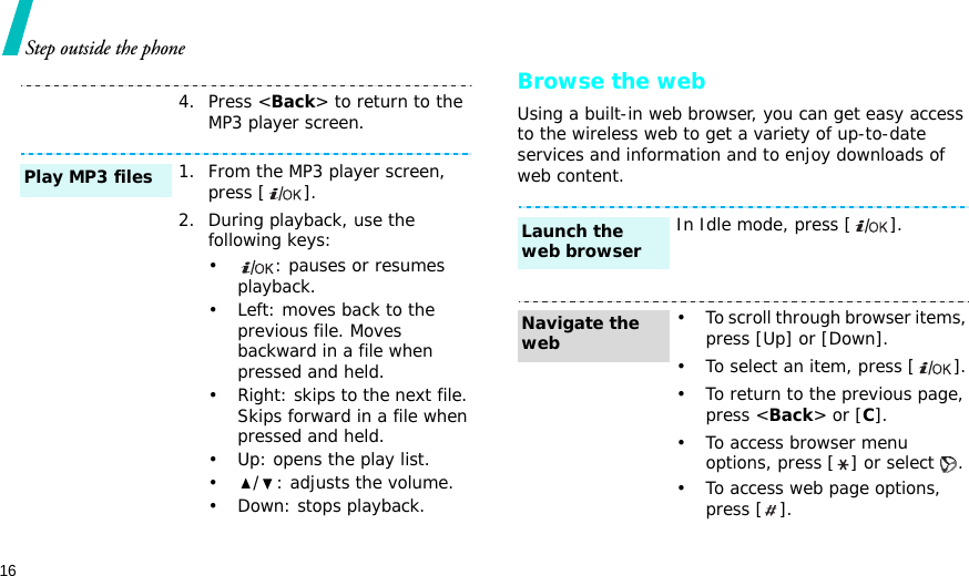 16Step outside the phoneBrowse the webUsing a built-in web browser, you can get easy access to the wireless web to get a variety of up-to-date services and information and to enjoy downloads of web content.4. Press &lt;Back&gt; to return to the MP3 player screen.1. From the MP3 player screen, press [ ].2. During playback, use the following keys:•: pauses or resumes playback.• Left: moves back to the previous file. Moves backward in a file when pressed and held.• Right: skips to the next file. Skips forward in a file when pressed and held.• Up: opens the play list.• / : adjusts the volume.• Down: stops playback.Play MP3 filesIn Idle mode, press [ ].• To scroll through browser items, press [Up] or [Down]. • To select an item, press [ ].• To return to the previous page, press &lt;Back&gt; or [C].• To access browser menu options, press [ ] or select  .• To access web page options, press [ ].Launch the web browserNavigate the web