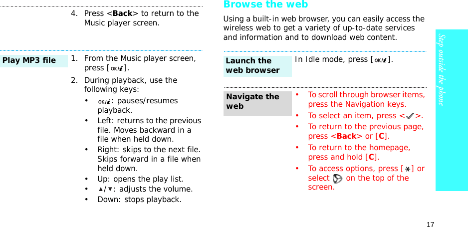 17Step outside the phone Browse the webUsing a built-in web browser, you can easily access the wireless web to get a variety of up-to-date services and information and to download web content.4. Press &lt;Back&gt; to return to the Music player screen.1. From the Music player screen, press [ ].2. During playback, use the following keys:• : pauses/resumes playback.• Left: returns to the previous file. Moves backward in a file when held down.• Right: skips to the next file. Skips forward in a file when held down.• Up: opens the play list.• / : adjusts the volume.• Down: stops playback.Play MP3 fileIn Idle mode, press [ ].• To scroll through browser items, press the Navigation keys. • To select an item, press &lt; &gt;.• To return to the previous page, press &lt;Back&gt; or [C].• To return to the homepage, press and hold [C].• To access options, press [] or select   on the top of the screen.Launch the web browserNavigate the web