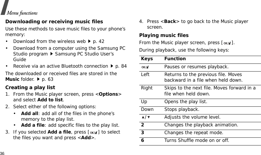 36Menu functionsDownloading or receiving music filesUse these methods to save music files to your phone’s memory:• Download from the wireless webp. 42• Download from a computer using the Samsung PC Studio programSamsung PC Studio User’s Guide• Receive via an active Bluetooth connectionp. 84The downloaded or received files are stored in the Music folder.p. 63Creating a play list1. From the Music player screen, press &lt;Options&gt; and select Add to list. 2. Select either of the following options:•Add all: add all of the files in the phone’s memory to the play list.•Add a file: add specific files to the play list.3. If you selected Add a file, press [ ] to select the files you want and press &lt;Add&gt;. 4. Press &lt;Back&gt; to go back to the Music player screen.Playing music filesFrom the Music player screen, press [ ].During playback, use the following keys:Keys FunctionPauses or resumes playback.Left Returns to the previous file. Moves backward in a file when held down.Right Skips to the next file. Moves forward in a file when held down.Up Opens the play list.Down Stops playback./ Adjusts the volume level.2Changes the playback animation.3Changes the repeat mode.6Turns Shuffle mode on or off.