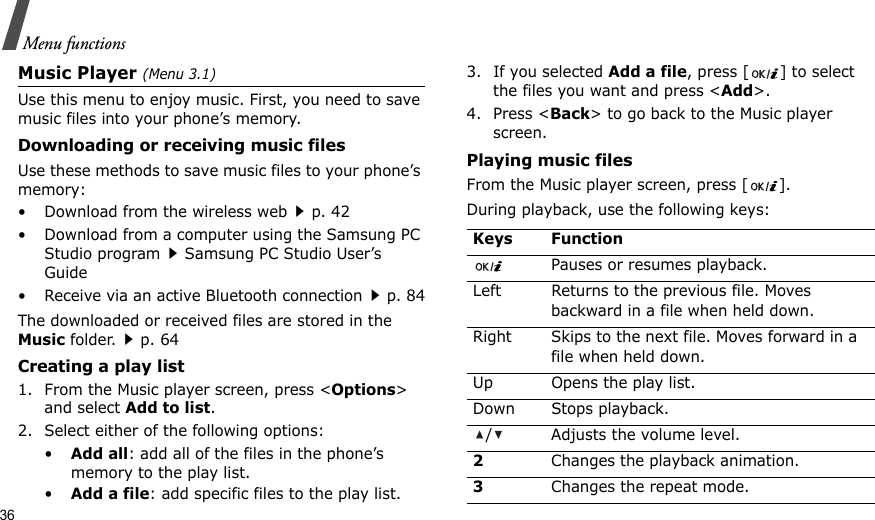 36Menu functionsMusic Player (Menu 3.1)Use this menu to enjoy music. First, you need to save music files into your phone’s memory.Downloading or receiving music filesUse these methods to save music files to your phone’s memory:• Download from the wireless webp. 42• Download from a computer using the Samsung PC Studio programSamsung PC Studio User’s Guide• Receive via an active Bluetooth connectionp. 84The downloaded or received files are stored in the Music folder.p. 64Creating a play list1. From the Music player screen, press &lt;Options&gt; and select Add to list. 2. Select either of the following options:•Add all: add all of the files in the phone’s memory to the play list.•Add a file: add specific files to the play list.3. If you selected Add a file, press [ ] to select the files you want and press &lt;Add&gt;. 4. Press &lt;Back&gt; to go back to the Music player screen.Playing music filesFrom the Music player screen, press [ ].During playback, use the following keys:Keys FunctionPauses or resumes playback.Left Returns to the previous file. Moves backward in a file when held down.Right Skips to the next file. Moves forward in a file when held down.Up Opens the play list.Down Stops playback./ Adjusts the volume level.2Changes the playback animation.3Changes the repeat mode.