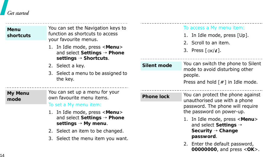 14Get startedYou can set the Navigation keys to function as shortcuts to access your favourite menus.1. In Idle mode, press &lt;Menu&gt; and select Settings → Phone settings → Shortcuts.2. Select a key.3. Select a menu to be assigned to the key.You can set up a menu for your own favourite menu items.To set a My menu item:1. In Idle mode, press &lt;Menu&gt; and select Settings → Phone settings → My menu.2. Select an item to be changed.3. Select the menu item you want.Menu shortcuts My Menu modeTo access a My menu item:1. In Idle mode, press [Up].2. Scroll to an item.3. Press [ ].You can switch the phone to Silent mode to avoid disturbing other people.Press and hold [] in Idle mode.You can protect the phone against unauthorised use with a phone password. The phone will require the password on power-up.1. In Idle mode, press &lt;Menu&gt; and select Settings → Security → Change password.2. Enter the default password, 00000000, and press &lt;OK&gt;.Silent modePhone lock