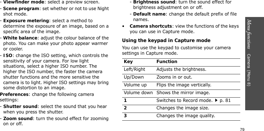 79Menu functions    Camera(Menu 8)- Viewfinder mode: select a preview screen.- Scene program: set whether or not to use Night shot mode.- Exposure metering: select a method to determine the exposure of an image, based on a specific area of the image.- White balance: adjust the colour balance of the photo. You can make your photo appear warmer or cooler.- ISO: change the ISO setting, which controls the sensitivity of your camera. For low light situations, select a higher ISO number. The higher the ISO number, the faster the camera shutter functions and the more sensitive the camera is to light. Higher ISO settings may bring some distortion to an image.Preferences: change the following camera settings:- Shutter sound: select the sound that you hear when you press the shutter.- Zoom sound: turn the sound effect for zooming on or off.- Brightness sound: turn the sound effect for brightness adjustment on or off.- Default name: change the default prefix of file names.•Camera shortcuts: view the functions of the keys you can use in Capture mode.Using the keypad in Capture modeYou can use the keypad to customise your camera settings in Capture mode.Key FunctionLeft/Right Adjusts the brightness.Up/Down  Zooms in or out.Volume up Flips the image vertically.Volume down Shows the mirror image.1Switches to Record mode.p. 812Changes the image size.3Changes the image quality.