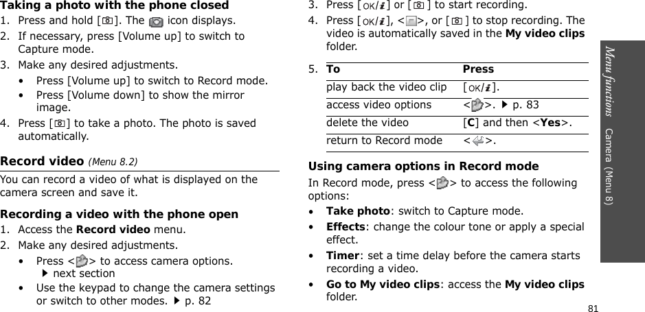 81Menu functions    Camera(Menu 8)Taking a photo with the phone closed1. Press and hold [ ]. The   icon displays.2. If necessary, press [Volume up] to switch to Capture mode.3. Make any desired adjustments.• Press [Volume up] to switch to Record mode.• Press [Volume down] to show the mirror image.4. Press [ ] to take a photo. The photo is saved automatically.Record video (Menu 8.2)You can record a video of what is displayed on the camera screen and save it.Recording a video with the phone open1. Access the Record video menu.2. Make any desired adjustments. • Press &lt; &gt; to access camera options. next section• Use the keypad to change the camera settings or switch to other modes.p. 823. Press [ ] or [ ] to start recording.4. Press [ ], &lt;&gt;, or [] to stop recording. The video is automatically saved in the My video clips folder.Using camera options in Record modeIn Record mode, press &lt; &gt; to access the following options:•Take photo: switch to Capture mode.•Effects: change the colour tone or apply a special effect.•Timer: set a time delay before the camera starts recording a video.•Go to My video clips: access the My video clips folder.5.To Pressplay back the video clip [ ].access video options &lt; &gt;.p. 83delete the video [C] and then &lt;Yes&gt;.return to Record mode &lt; &gt;.