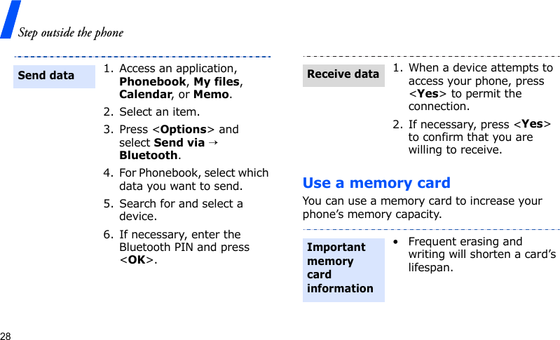 Step outside the phone28Use a memory cardYou can use a memory card to increase your phone’s memory capacity.1. Access an application, Phonebook, My files, Calendar, or Memo.2. Select an item.3. Press &lt;Options&gt; and select Send via → Bluetooth.4. For Phonebook, select which data you want to send. 5. Search for and select a device.6. If necessary, enter the Bluetooth PIN and press &lt;OK&gt;.Send data1. When a device attempts to access your phone, press &lt;Yes&gt; to permit the connection.2. If necessary, press &lt;Yes&gt; to confirm that you are willing to receive.• Frequent erasing and writing will shorten a card’s lifespan.Receive dataImportant memory card information