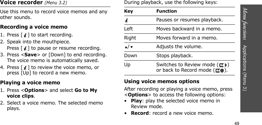 Menu functions    Applications (Menu 3)49Voice recorder (Menu 3.2)Use this menu to record voice memos and any other sounds. Recording a voice memo1. Press [ ] to start recording.2. Speak into the mouthpiece. Press [ ] to pause or resume recording.3. Press &lt;Save&gt; or [Down] to end recording. The voice memo is automatically saved.4. Press [ ] to review the voice memo, or press [Up] to record a new memo.Playing a voice memo1. Press &lt;Options&gt; and select Go to My voice clips.2. Select a voice memo. The selected memo plays.During playback, use the following keys:Using voice memos optionsAfter recording or playing a voice memo, press &lt;Options&gt; to access the following options:•Play: play the selected voice memo in Review mode.•Record: record a new voice memo.Key FunctionPauses or resumes playback.Left Moves backward in a memo.Right Moves forward in a memo./ Adjusts the volume.Down Stops playback.Up Switches to Review mode ( ) or back to Record mode ( ).