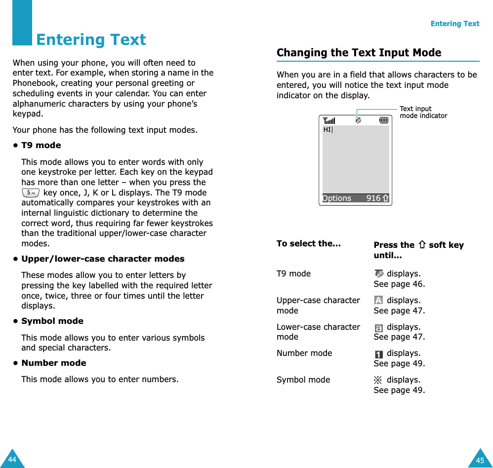44Entering TextWhen using your phone, you will often need to enter text. For example, when storing a name in the Phonebook, creating your personal greeting or scheduling events in your calendar. You can enter alphanumeric characters by using your phone’s keypad.Your phone has the following text input modes.• T9 modeThis mode allows you to enter words with only one keystroke per letter. Each key on the keypad has more than one letter – when you press the  key once, J, K or L displays. The T9 mode automatically compares your keystrokes with an internal linguistic dictionary to determine the correct word, thus requiring far fewer keystrokes than the traditional upper/lower-case character modes.• Upper/lower-case character modesThese modes allow you to enter letters by pressing the key labelled with the required letter once, twice, three or four times until the letter displays.• Symbol modeThis mode allows you to enter various symbols and special characters. • Number modeThis mode allows you to enter numbers.Entering Text45Changing the Text Input ModeWhen you are in a field that allows characters to be entered, you will notice the text input mode indicator on the display.To select the... Press the   soft key until...T9 mode  displays. See page 46.Upper-case character mode displays. See page 47.Lower-case character mode displays. See page 47.Number mode  displays. See page 49.Symbol mode displays. See page 49.916OptionsHIText input mode indicator