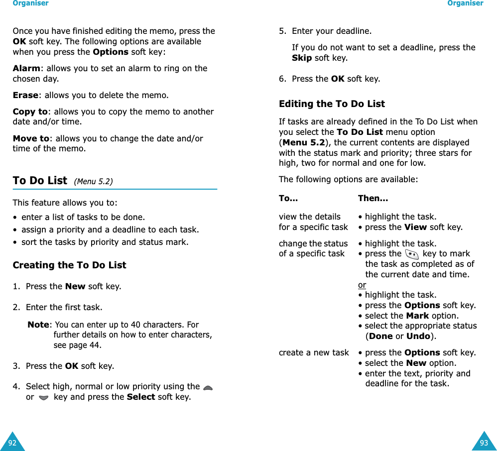 Organiser92Once you have finished editing the memo, press the OK soft key. The following options are available when you press the Options soft key:Alarm: allows you to set an alarm to ring on the chosen day.Erase: allows you to delete the memo.Copy to: allows you to copy the memo to another date and/or time.Move to: allows you to change the date and/or time of the memo.To Do List  (Menu 5.2) This feature allows you to:• enter a list of tasks to be done.• assign a priority and a deadline to each task.• sort the tasks by priority and status mark.Creating the To Do List1. Press the New soft key.2. Enter the first task.Note: You can enter up to 40 characters. For further details on how to enter characters, see page 44.3. Press the OK soft key.4. Select high, normal or low priority using the   or   key and press the Select soft key.Organiser935. Enter your deadline. If you do not want to set a deadline, press the Skip soft key.6. Press the OK soft key.Editing the To Do ListIf tasks are already defined in the To Do List when you select the To Do List menu option (Menu 5.2), the current contents are displayed with the status mark and priority; three stars for high, two for normal and one for low. The following options are available:To... Then...view the details for a specific task• highlight the task.• press the View soft key.change the status of a specific task• highlight the task.• press the   key to mark the task as completed as of the current date and time.or• highlight the task. • press the Options soft key.• select the Mark option.• select the appropriate status (Done or Undo).create a new task • press the Options soft key.• select the New option.• enter the text, priority and deadline for the task. 