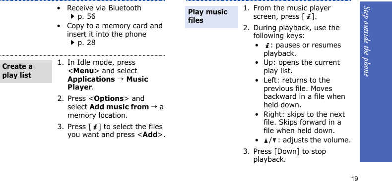 Step outside the phone19• Receive via Bluetoothp. 56• Copy to a memory card and insert it into the phonep. 281. In Idle mode, press &lt;Menu&gt; and select Applications → Music Player.2. Press &lt;Options&gt; and select Add music from → a memory location.3. Press [ ] to select the files you want and press &lt;Add&gt;.Create a play list1. From the music player screen, press [ ].2. During playback, use the following keys:• : pauses or resumes playback.• Up: opens the current play list.• Left: returns to the previous file. Moves backward in a file when held down.• Right: skips to the next file. Skips forward in a file when held down.•/: adjusts the volume.3. Press [Down] to stop playback.Play music files