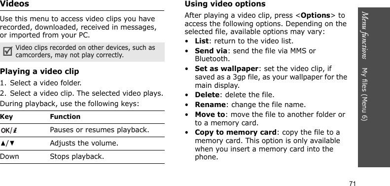 Menu functions    My files (Menu 6)71VideosUse this menu to access video clips you have recorded, downloaded, received in messages, or imported from your PC.Playing a video clip1. Select a video folder.2. Select a video clip. The selected video plays.During playback, use the following keys:Using video optionsAfter playing a video clip, press &lt;Options&gt; to access the following options. Depending on the selected file, available options may vary:•List: return to the video list.•Send via: send the file via MMS or Bluetooth.•Set as wallpaper: set the video clip, if saved as a 3gp file, as your wallpaper for the main display.•Delete: delete the file.•Rename: change the file name.•Move to: move the file to another folder or to a memory card. •Copy to memory card: copy the file to a memory card. This option is only available when you insert a memory card into the phone.Video clips recorded on other devices, such as camcorders, may not play correctly.Key FunctionPauses or resumes playback./ Adjusts the volume.Down Stops playback.