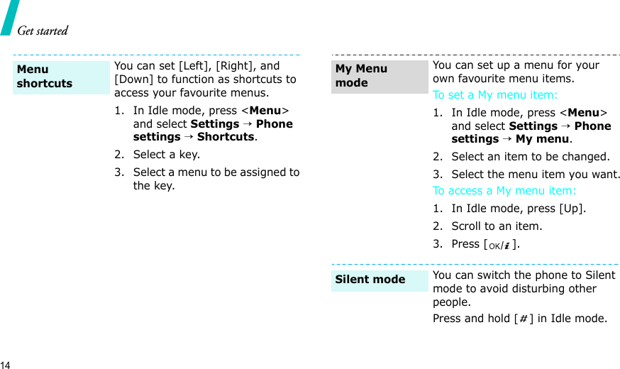 14Get startedYou can set [Left], [Right], and [Down] to function as shortcuts to access your favourite menus.1. In Idle mode, press &lt;Menu&gt; and select Settings → Phone settings → Shortcuts.2. Select a key.3. Select a menu to be assigned to the key.Menu shortcuts You can set up a menu for your own favourite menu items.To set a My menu item:1. In Idle mode, press &lt;Menu&gt; and select Settings → Phone settings → My menu.2. Select an item to be changed.3. Select the menu item you want.To access a My menu item:1. In Idle mode, press [Up].2. Scroll to an item.3. Press [ ].You can switch the phone to Silent mode to avoid disturbing other people.Press and hold [] in Idle mode.My Menu modeSilent mode