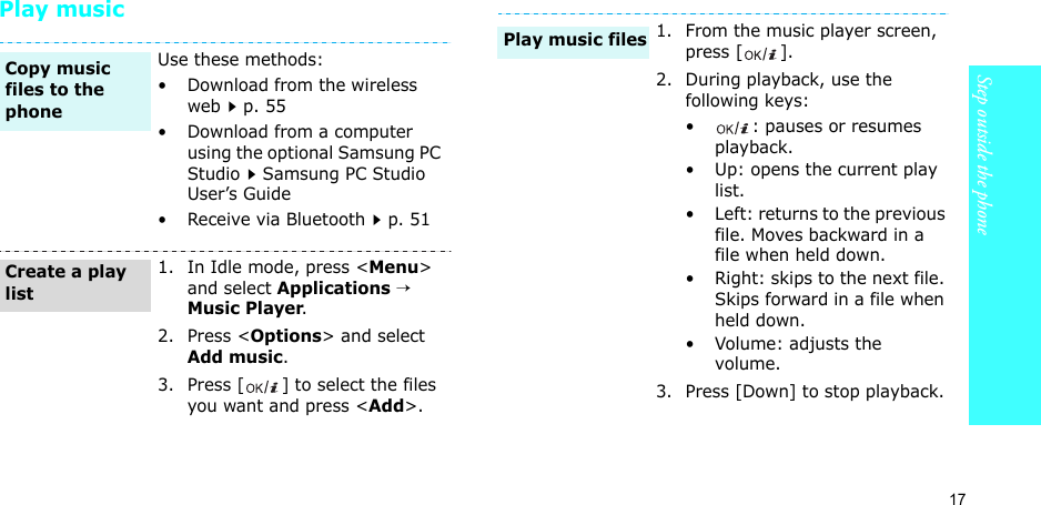 17Step outside the phonePlay musicUse these methods:• Download from the wireless webp. 55• Download from a computer using the optional Samsung PC StudioSamsung PC Studio User’s Guide• Receive via Bluetoothp. 511. In Idle mode, press &lt;Menu&gt; and select Applications → Music Player.2. Press &lt;Options&gt; and select Add music.3. Press [ ] to select the files you want and press &lt;Add&gt;.Copy music files to the phoneCreate a play list1. From the music player screen, press [ ].2. During playback, use the following keys:•: pauses or resumes playback.• Up: opens the current play list.• Left: returns to the previous file. Moves backward in a file when held down.• Right: skips to the next file. Skips forward in a file when held down.•Volume: adjusts the volume.3. Press [Down] to stop playback.Play music files