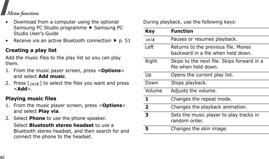 40Menu functions• Download from a computer using the optional Samsung PC Studio programmeSamsung PC Studio User’s Guide• Receive via an active Bluetooth connectionp. 51Creating a play listAdd the music files to the play list so you can play them.1. From the music payer screen, press &lt;Options&gt; and select Add music.2. Press [ ] to select the files you want and press &lt;Add&gt;.Playing music files1. From the music player screen, press &lt;Options&gt; and select Play via.2. Select Phone to use the phone speaker. Select Bluetooth stereo headset to use a Bluetooth stereo headset, and then search for and connect the phone to the headset.During playback, use the following keys:Key FunctionPauses or resumes playback.Left Returns to the previous file. Moves backward in a file when held down.Right Skips to the next file. Skips forward in a file when held down.Up Opens the current play list.Down Stops playback.Volume Adjusts the volume.1Changes the repeat mode.2Changes the playback animation.3Sets the music player to play tracks in random order.5Changes the skin image.
