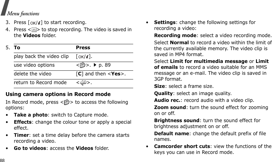 88Menu functions3. Press [] to start recording.4. Press &lt; &gt; to stop recording. The video is saved in the Videos folder.Using camera options in Record modeIn Record mode, press &lt; &gt; to access the following options:•Take a photo: switch to Capture mode.•Effects: change the colour tone or apply a special effect.•Timer: set a time delay before the camera starts recording a video.•Go to videos: access the Videos folder.•Settings: change the following settings for recording a video:Recording mode: select a video recording mode.Select Normal to record a video within the limit of the currently available memory. The video clip is saved in MP4 format.Select Limit for multimedia message or Limit of emails to record a video suitable for an MMS message or an e-mail. The video clip is saved in 3GP format.Size: select a frame size.Quality: select an image quality.Audio rec.: record audio with a video clip.Zoom sound: turn the sound effect for zooming on or off.Brightness sound: turn the sound effect for brightness adjustment on or off.Default name: change the default prefix of file names.•Camcorder short cuts: view the functions of the keys you can use in Record mode.5.To Pressplay back the video clip[].use video options &lt; &gt;.p. 89delete the video [C] and then &lt;Yes&gt;.return to Record mode &lt; &gt;.