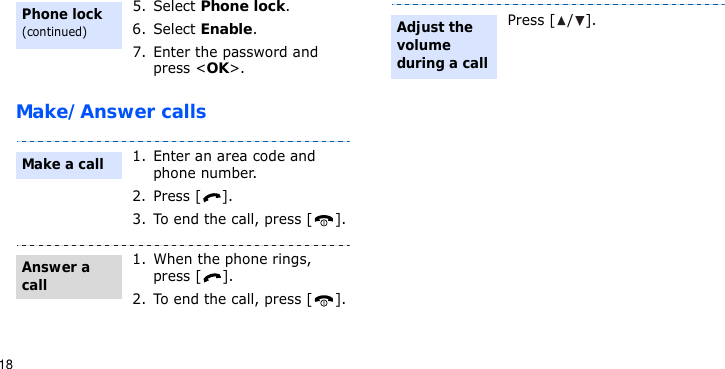 18Make/Answer calls5. Select Phone lock.6. Select Enable.7. Enter the password and press &lt;OK&gt;.1. Enter an area code and phone number.2. Press [ ].3. To end the call, press [ ].1. When the phone rings, press [ ].2. To end the call, press [ ].Phone lock(continued)Make a callAnswer a callPress [ / ].Adjust the volume during a call