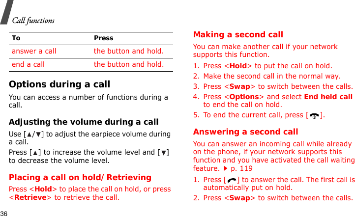 Call functions36Options during a callYou can access a number of functions during a call.Adjusting the volume during a callUse [ / ] to adjust the earpiece volume during a call.Press [ ] to increase the volume level and [ ] to decrease the volume level.Placing a call on hold/RetrievingPress &lt;Hold&gt; to place the call on hold, or press &lt;Retrieve&gt; to retrieve the call.Making a second callYou can make another call if your network supports this function.1. Press &lt;Hold&gt; to put the call on hold.2. Make the second call in the normal way.3. Press &lt;Swap&gt; to switch between the calls.4. Press &lt;Options&gt; and select End held call to end the call on hold.5. To end the current call, press [ ].Answering a second callYou can answer an incoming call while already on the phone, if your network supports this function and you have activated the call waiting feature.p. 119 1. Press [ ] to answer the call. The first call is automatically put on hold.2. Press &lt;Swap&gt; to switch between the calls.answer a call the button and hold.end a call the button and hold.To Press