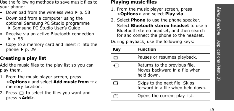 Menu functions    Applications (Menu 3)49Use the following methods to save music files to your phone:• Download from the wireless webp. 58• Download from a computer using the optional Samsung PC Studio programmeSamsung PC Studio User’s Guide• Receive via an active Bluetooth connectionp. 56• Copy to a memory card and insert it into the phonep. 29Creating a play listAdd the music files to the play list so you can play them.1. From the music player screen, press &lt;Options&gt; and select Add music from → a memory location.2. Press   to select the files you want and press &lt;Add&gt;.Playing music files1. From the music player screen, press &lt;Options&gt; and select Play via.2. Select Phone to use the phone speaker. Select Bluetooth stereo headset to use a Bluetooth stereo headset, and then search for and connect the phone to the headset.During playback, use the following keys:Key FunctionPauses or resumes playback.Returns to the previous file. Moves backward in a file when held down.Skips to the next file. Skips forward in a file when held down.Opens the current play list.