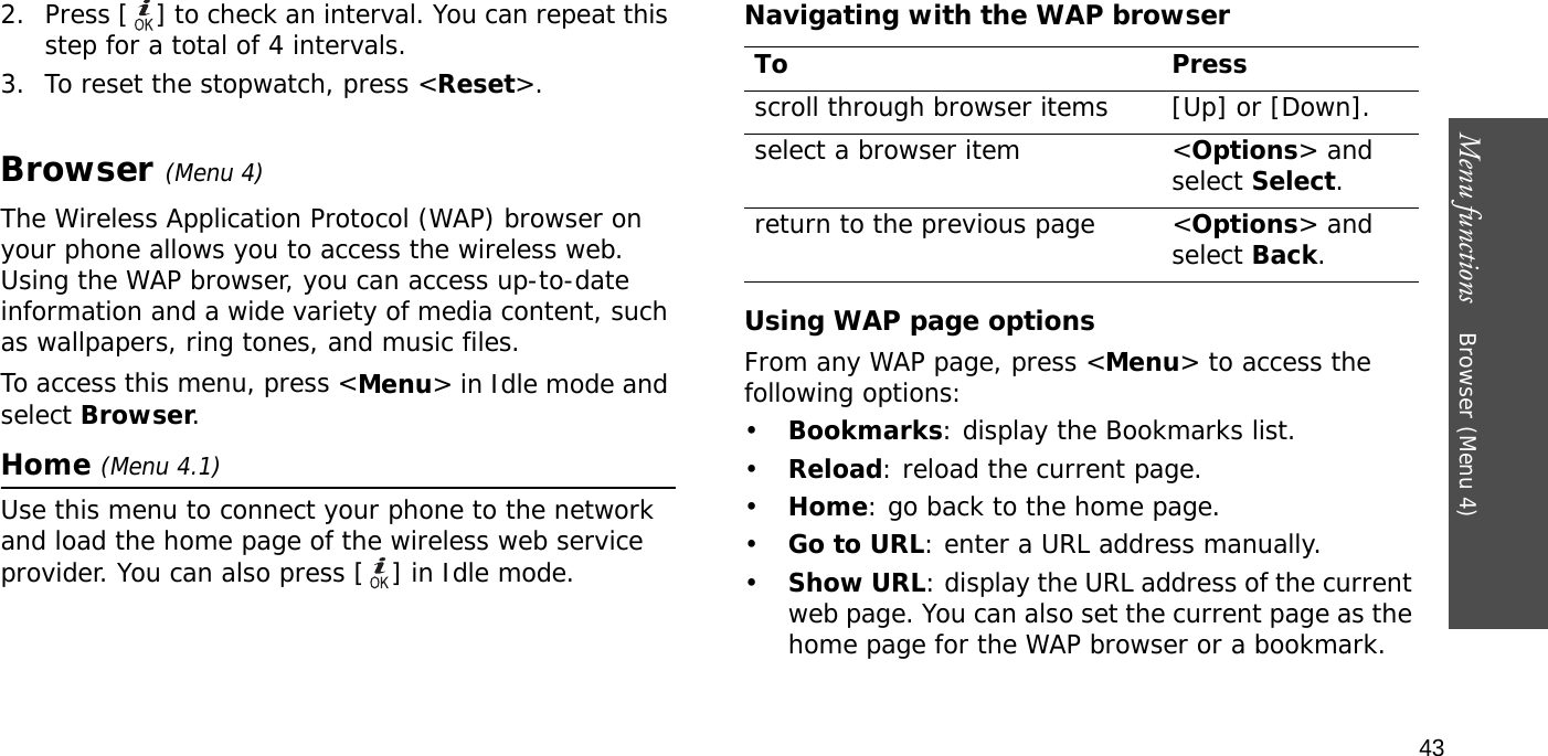 Menu functions    Browser (Menu 4)432. Press [ ] to check an interval. You can repeat this step for a total of 4 intervals.3. To reset the stopwatch, press &lt;Reset&gt;.Browser (Menu 4)The Wireless Application Protocol (WAP) browser on your phone allows you to access the wireless web. Using the WAP browser, you can access up-to-date information and a wide variety of media content, such as wallpapers, ring tones, and music files.To access this menu, press &lt;Menu&gt; in Idle mode and select Browser.Home (Menu 4.1)Use this menu to connect your phone to the network and load the home page of the wireless web service provider. You can also press [ ] in Idle mode.Navigating with the WAP browserUsing WAP page optionsFrom any WAP page, press &lt;Menu&gt; to access the following options:•Bookmarks: display the Bookmarks list.•Reload: reload the current page.•Home: go back to the home page.•Go to URL: enter a URL address manually.•Show URL: display the URL address of the current web page. You can also set the current page as the home page for the WAP browser or a bookmark.To Pressscroll through browser items  [Up] or [Down]. select a browser item &lt;Options&gt; and select Select.return to the previous page &lt;Options&gt; and select Back.