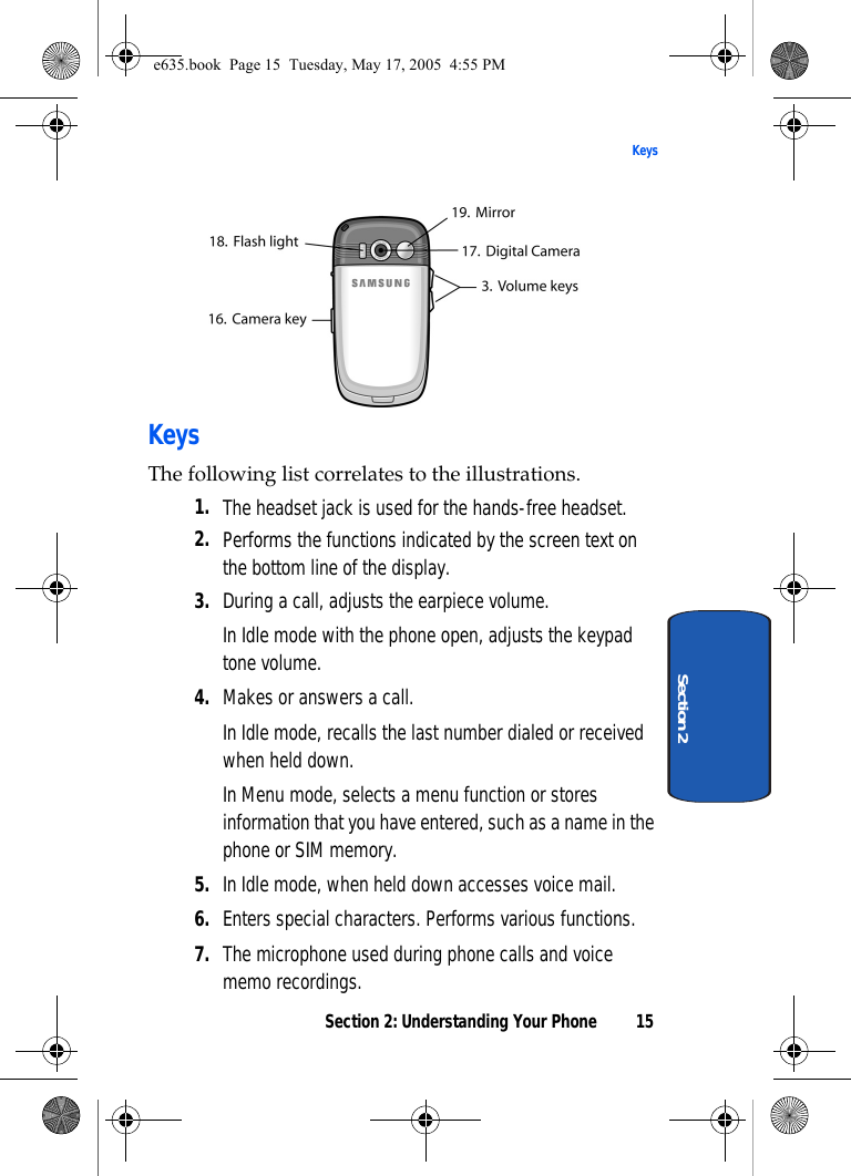Section 2: Understanding Your Phone 15KeysSection 2KeysThe following list correlates to the illustrations.1. The headset jack is used for the hands-free headset.2. Performs the functions indicated by the screen text on the bottom line of the display.3. During a call, adjusts the earpiece volume.In Idle mode with the phone open, adjusts the keypad tone volume.4. Makes or answers a call.In Idle mode, recalls the last number dialed or received when held down.In Menu mode, selects a menu function or stores information that you have entered, such as a name in the phone or SIM memory.5. In Idle mode, when held down accesses voice mail.6. Enters special characters. Performs various functions.7. The microphone used during phone calls and voice memo recordings.e635.book  Page 15  Tuesday, May 17, 2005  4:55 PM
