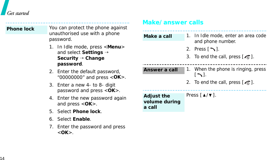 14Get startedMake/answer callsYou can protect the phone against unauthorised use with a phone password. 1. In Idle mode, press &lt;Menu&gt; and select Settings → Security → Change password.2. Enter the default password, “00000000” and press &lt;OK&gt;.3. Enter a new 4- to 8- digit password and press &lt;OK&gt;.4. Enter the new password again and press &lt;OK&gt;.5. Select Phone lock.6. Select Enable.7. Enter the password and press &lt;OK&gt;.Phone lock 1. In Idle mode, enter an area code and phone number.2. Press [].3. To end the call, press [].1. When the phone is ringing, press [].2. To end the call, press [].Press [ / ].Make a callAnswer a callAdjust the volume during a call