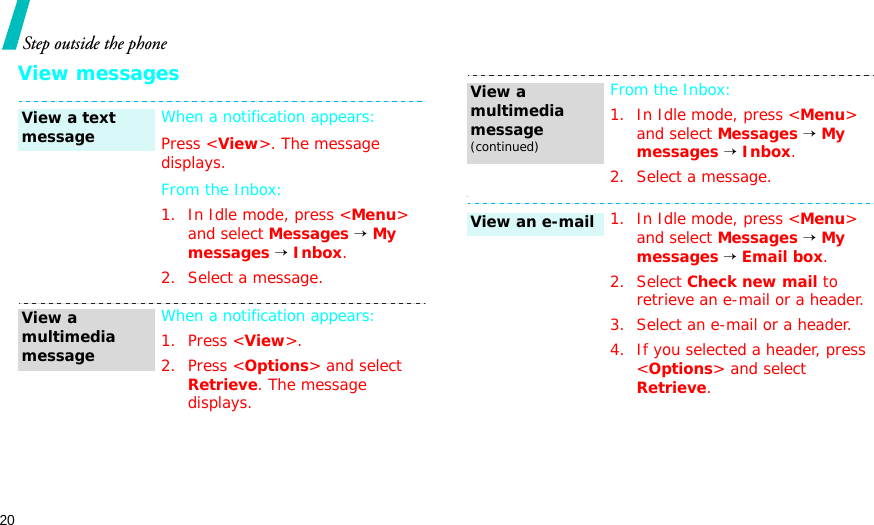 20Step outside the phoneView messages-When a notification appears: Press &lt;View&gt;. The message displays.From the Inbox:1. In Idle mode, press &lt;Menu&gt; and select Messages → My messages → Inbox.2. Select a message.When a notification appears:1. Press &lt;View&gt;.2. Press &lt;Options&gt; and select Retrieve. The message displays.View a text messageView a multimedia messageFrom the Inbox:1. In Idle mode, press &lt;Menu&gt; and select Messages → My messages → Inbox.2. Select a message.1. In Idle mode, press &lt;Menu&gt; and select Messages → My messages → Email box.2. Select Check new mail to retrieve an e-mail or a header.3. Select an e-mail or a header.4. If you selected a header, press &lt;Options&gt; and select Retrieve.View a multimedia message(continued)View an e-mail