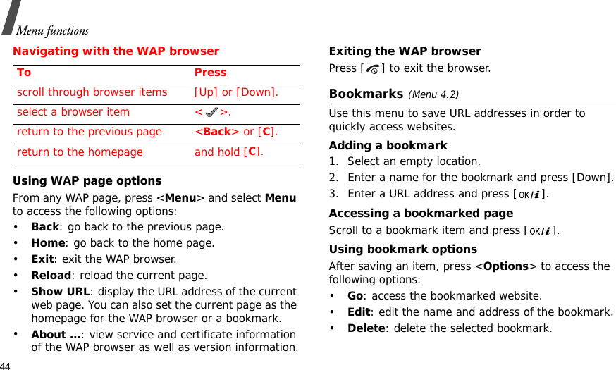 44Menu functionsNavigating with the WAP browserUsing WAP page optionsFrom any WAP page, press &lt;Menu&gt; and select Menu to access the following options:•Back: go back to the previous page.•Home: go back to the home page.•Exit: exit the WAP browser.•Reload: reload the current page.•Show URL: display the URL address of the current web page. You can also set the current page as the homepage for the WAP browser or a bookmark.•About ...: view service and certificate information of the WAP browser as well as version information.Exiting the WAP browserPress [ ] to exit the browser.Bookmarks(Menu 4.2)Use this menu to save URL addresses in order to quickly access websites.Adding a bookmark1. Select an empty location. 2. Enter a name for the bookmark and press [Down].3. Enter a URL address and press [ ].Accessing a bookmarked pageScroll to a bookmark item and press [ ].Using bookmark optionsAfter saving an item, press &lt;Options&gt; to access the following options:•Go: access the bookmarked website.•Edit: edit the name and address of the bookmark.•Delete: delete the selected bookmark.To Pressscroll through browser items [Up] or [Down]. select a browser item &lt; &gt;.return to the previous page &lt;Back&gt; or [C].return to the homepage and hold [C].