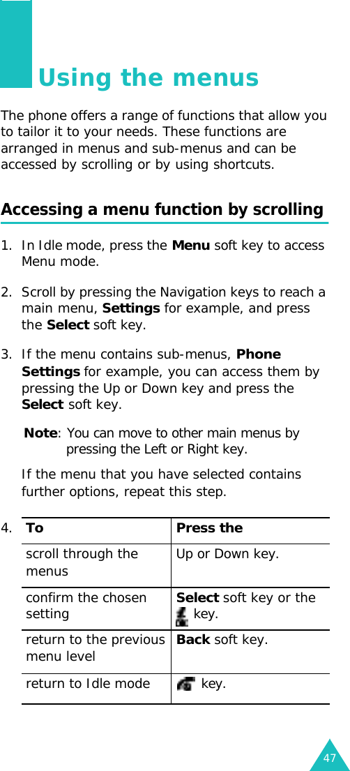 47Using the menusThe phone offers a range of functions that allow you to tailor it to your needs. These functions are arranged in menus and sub-menus and can be accessed by scrolling or by using shortcuts.Accessing a menu function by scrolling1. In Idle mode, press the Menu soft key to access Menu mode. 2. Scroll by pressing the Navigation keys to reach a main menu, Settings for example, and press the Select soft key.3. If the menu contains sub-menus, Phone Settings for example, you can access them by pressing the Up or Down key and press the Select soft key.Note: You can move to other main menus by pressing the Left or Right key.If the menu that you have selected contains further options, repeat this step.4.To Press thescroll through the menus Up or Down key.confirm the chosen settingSelect soft key or the  key.return to the previous menu levelBack soft key.return to Idle mode  key.
