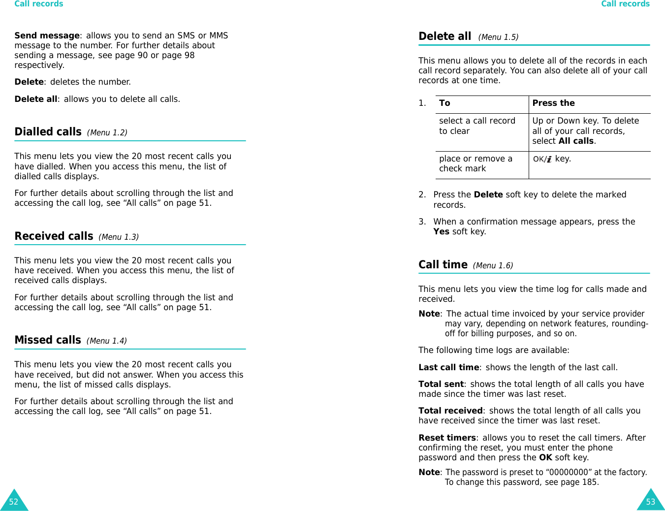 Call records52Send message: allows you to send an SMS or MMS message to the number. For further details about sending a message, see page 90 or page 98 respectively.Delete: deletes the number.Delete all: allows you to delete all calls.Dialled calls  (Menu 1.2)This menu lets you view the 20 most recent calls you have dialled. When you access this menu, the list of dialled calls displays.For further details about scrolling through the list and accessing the call log, see “All calls” on page 51.Received calls  (Menu 1.3) This menu lets you view the 20 most recent calls you have received. When you access this menu, the list of received calls displays.For further details about scrolling through the list and accessing the call log, see “All calls” on page 51.Missed calls  (Menu 1.4)This menu lets you view the 20 most recent calls you have received, but did not answer. When you access this menu, the list of missed calls displays.For further details about scrolling through the list and accessing the call log, see “All calls” on page 51.Call records53Delete all  (Menu 1.5) This menu allows you to delete all of the records in each call record separately. You can also delete all of your call records at one time.2. Press the Delete soft key to delete the marked records.3. When a confirmation message appears, press the Yes soft key.Call time  (Menu 1.6) This menu lets you view the time log for calls made and received. Note: The actual time invoiced by your service provider may vary, depending on network features, rounding-off for billing purposes, and so on.The following time logs are available:Last call time: shows the length of the last call.Total sent: shows the total length of all calls you have made since the timer was last reset.Total received: shows the total length of all calls you have received since the timer was last reset.Reset timers: allows you to reset the call timers. After confirming the reset, you must enter the phone password and then press the OK soft key.Note: The password is preset to “00000000” at the factory. To change this password, see page 185.1.To Press theselect a call record to clear Up or Down key. To delete all of your call records, select All calls.place or remove a check mark  key.